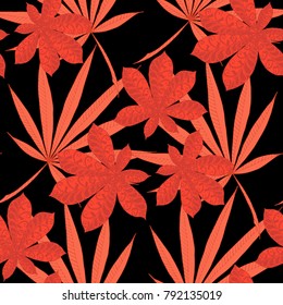 Exotic Seamless Pattern With Leaves of Palm Trees On Black Background. Hand Drawn Tropic Texture In Zentangle Style. Ornate Seamless Background for Print, Interior, Wallpaper, Swimwear.