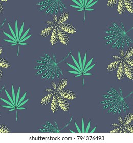 Exotic Seamless Pattern With Leaves of Palm Trees On Black Background. Hand Drawn Rainforest Ornate Seamless Background for Print, Interior, Wallpaper, Swimwear.