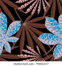 Exotic Seamless Pattern With Leaves of Palm Trees On Black Background. Hand Drawn Jungle Texture In Zentangle Style. Ornate Seamless Background for Print, Interior, Wallpaper, Swimwear. Vector.