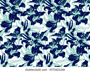 Exotic seamless pattern with mix of silhouettes and contour of lilies flowers, buds and leaves drawn by hand in freehand style on white background. Home textile, wallpaper, bedding, fabric, package.