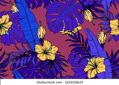 Exotic seamless pattern  with monstera, banana leaves, hibiscus flowers. Colorful tropic endless background design.