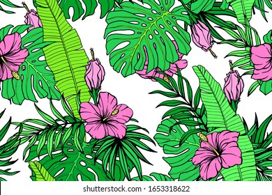 Exotisches nahtloses Muster mit Monstera, Bananenblättern, Hibiskusblumen. Farbiges tropisches, endloses Hintergrunddesign.
