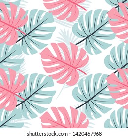 Exotic seamless pattern with monstera, palm leaves. Print summer seamless vector pattern wallpaper in trend colors. 
