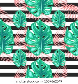 exotic seamless pattern with monstera palm leaves. Tropical hawaiian textile botanical design. Floral backdrop on the black white geometric background.