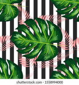 exotic seamless pattern with monstera palm leaves. Tropical hawaiian textile botanical design. Floral backdrop on the black white geometric background.