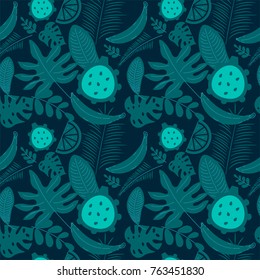 Exotic seamless pattern with palm leaves, monstera, fruit. Vector illustration