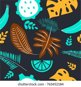 Exotic seamless pattern with palm leaves, monstera, fruit. Vector illustration