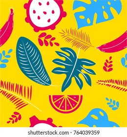 Exotic seamless pattern with palm leaves, monstera, fruit. Vector illustration