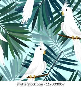 Exotic seamless pattern with a parrot and tropical leaves. Beautiful White Corella.