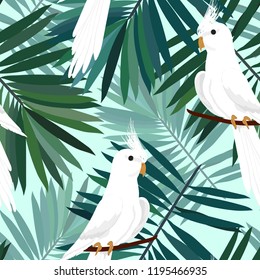 Exotic seamless pattern with a parrot and tropical leaves. Beautiful White Corella.