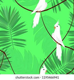 Exotic seamless pattern with a parrot and tropical leaves. Beautiful White Corella on the vine.