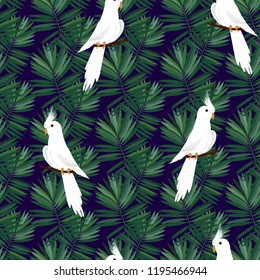 Exotic seamless pattern with a parrot and tropical leaves. Beautiful White Corella.