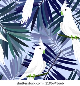 Exotic seamless pattern with a parrot and tropical leaves. Beautiful White Corella on the vine.