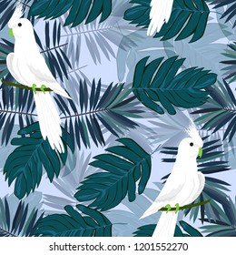 Exotic seamless pattern with a parrot and tropical leaves. Beautiful White Corella.