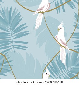 Exotic seamless pattern with a parrot and tropical leaves. Beautiful White Corella on the vine.