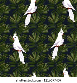 Exotic seamless pattern with a parrot and tropical leaves. Beautiful White Corella on the vine.
