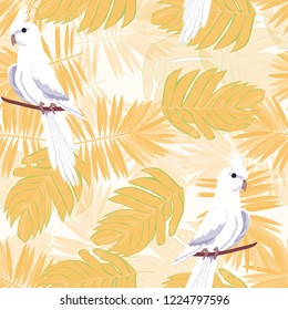 Exotic seamless pattern with a parrot and tropical leaves. Beautiful White Corella on the vine.