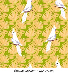Exotic seamless pattern with a parrot and tropical leaves. Beautiful White Corella on the vine.