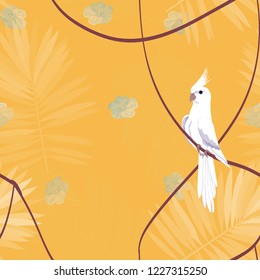 Exotic seamless pattern with a parrot and tropical leaves. Beautiful White Corella on the vine.
