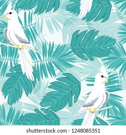 Exotic seamless pattern with a parrot and tropical leaves. Beautiful White Corella on the vine.