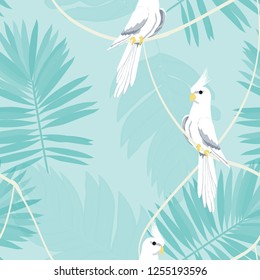 Exotic seamless pattern with a parrot and tropical leaves. Beautiful White Corella on the vine.