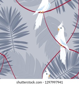 Exotic seamless pattern with a parrot and tropical leaves. Beautiful White Corella on the vine.