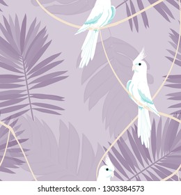 Exotic seamless pattern with a parrot and tropical leaves. Beautiful White Corella on the vine.