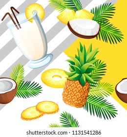 Exotic seamless pattern. Pina colada with coconut, pineapple. Drinking glass. Concept design for card and advertising. Flat vector illustration on white background.