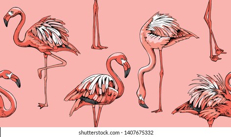 Exotic Seamless pattern. Pink Flamingo on a coral color background. Textile composition, hand drawn style print. Vector illustration.