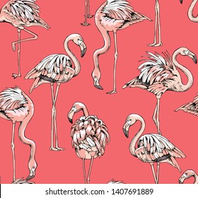 Exotic Seamless pattern. Pink Flamingo on a coral color background. Textile composition, hand drawn style print. Vector illustration.