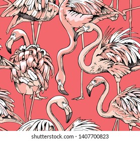 Exotic Seamless pattern. Pink Flamingo on a coral color background. Textile composition, hand drawn style print. Vector illustration.