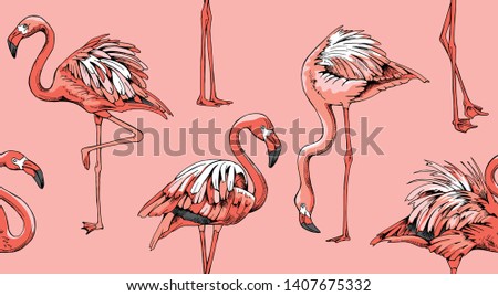 Exotic Seamless pattern. Pink Flamingo on a coral color background. Textile composition, hand drawn style print. Vector illustration.