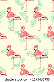 Exotic seamless pattern with pink flamingos and tropical leaves. Summer background with plants and birds.