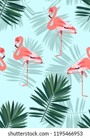 Exotic seamless pattern with pink flamingos and tropical leaves. Summer background with plants and birds.