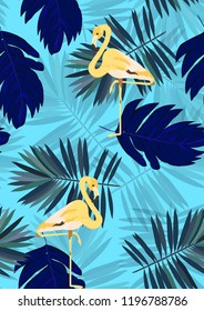 Exotic seamless pattern with pink flamingos and tropical leaves. Summer background with plants and birds.