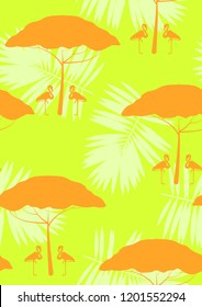 Exotic seamless pattern with pink flamingos, tropical leaves and acacia. Summer background with plants and birds. Africa.