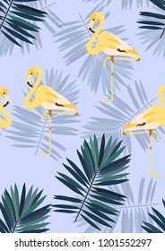 Exotic seamless pattern with pink flamingos and tropical leaves. Summer background with plants and birds.