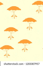 Exotic seamless pattern with pink flamingos, tropical leaves and acacia. Summer background with plants and birds. Africa.