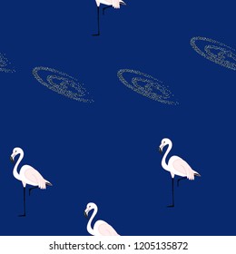 Exotic seamless pattern with pink flamingos. Summer background with birds.