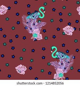 Exotic seamless pattern with pink flamingos and tropical leaves. Summer background with plants and birds.