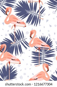 Exotic seamless pattern with pink flamingos and tropical leaves. Summer background with plants and birds.