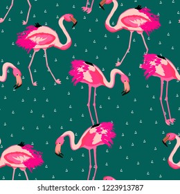 Exotic seamless pattern with pink flamingos. Summer background with birds. Flamingo.