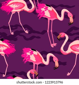 Exotic seamless pattern with pink flamingos. Summer background with birds. Flamingo.