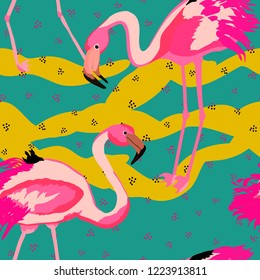 Exotic seamless pattern with pink flamingos. Summer background with birds. Flamingo.