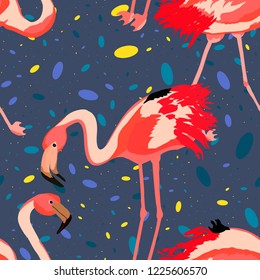 Exotic seamless pattern with pink flamingos. Summer background with birds. Flamingo.