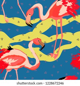 Exotic seamless pattern with pink flamingos. Summer background with birds. Flamingo.