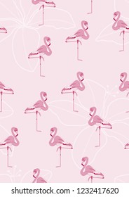 Exotic seamless pattern with pink flamingos. Summer background with birds. Flamingo.