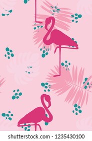 Exotic seamless pattern with pink flamingos. Summer background with birds. Flamingo.