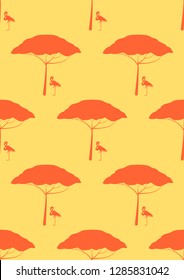 Exotic seamless pattern with pink flamingos and tropical leaves. Summer background with plants and birds.