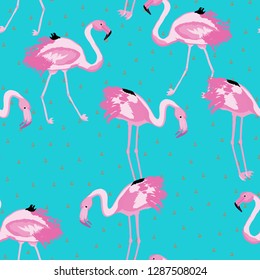Exotic seamless pattern with pink flamingos. Summer background with birds. Flamingo.